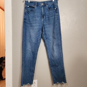 American Eagle‎ Women's Mom Jean Size 6 Raw Hem Blue Distressed Denim